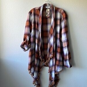 NWT Angel Heart jacket orange top flannel plaid boho style size Large